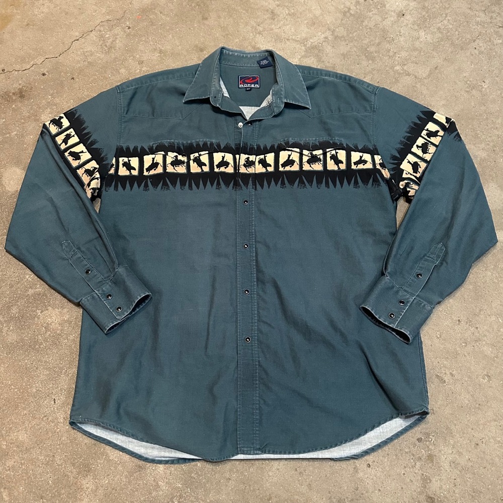 VTG Roper Western Shirt Mens XL Teal Rodeo Bronc Rider Graphic Pearl Snap Cotton